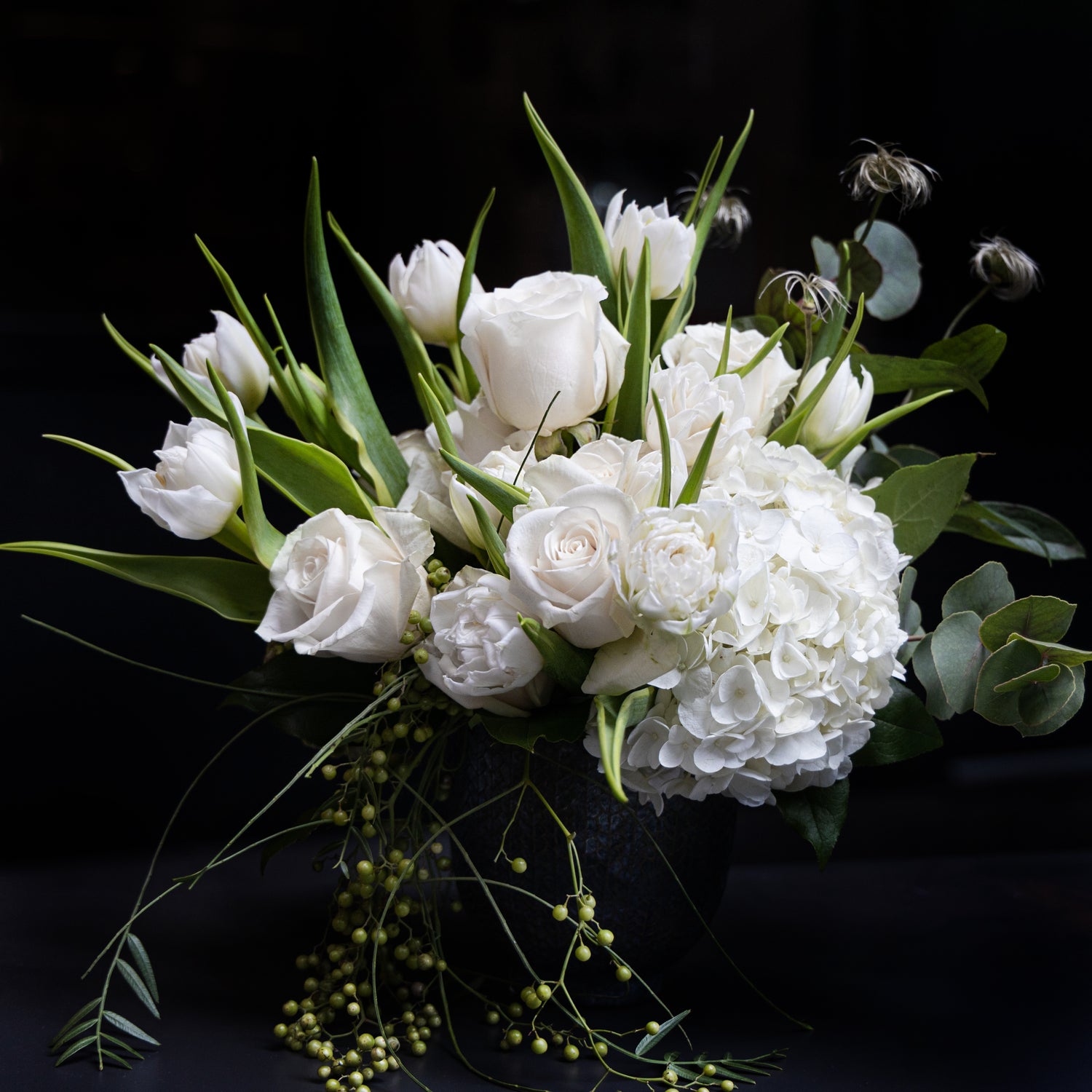 white rose, white hydrangeas